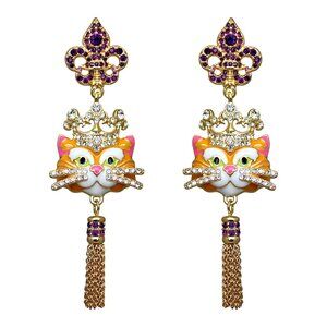 Ritzy Couture Princess Kitty Royal Crown Tabby Cat Enamel Tassel Earrings